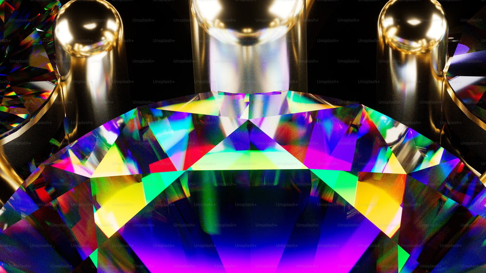 a large colorful diamond surrounded by speakers