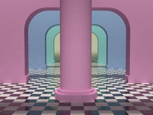 a room with a checkered floor and columns