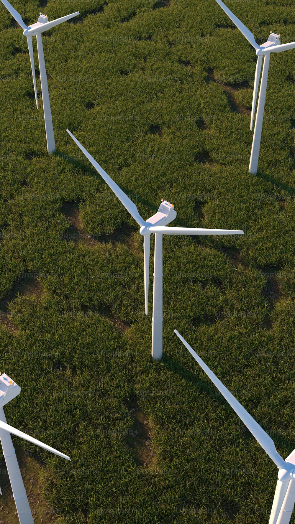 a group of wind turbines in a grassy field