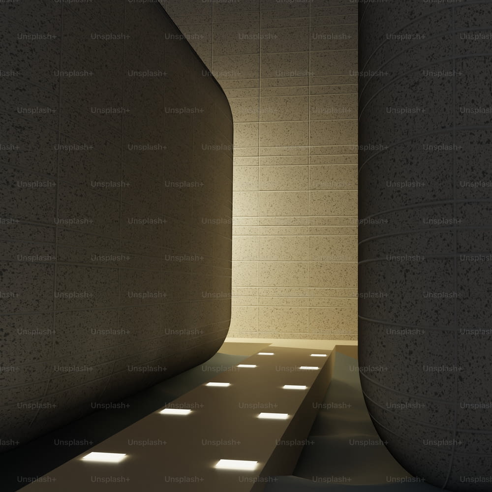 Un pasillo poco iluminado entre dos pilares de hormigón
