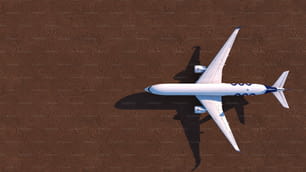 Ein weißes Flugzeug fliegt über einen braunen Grund