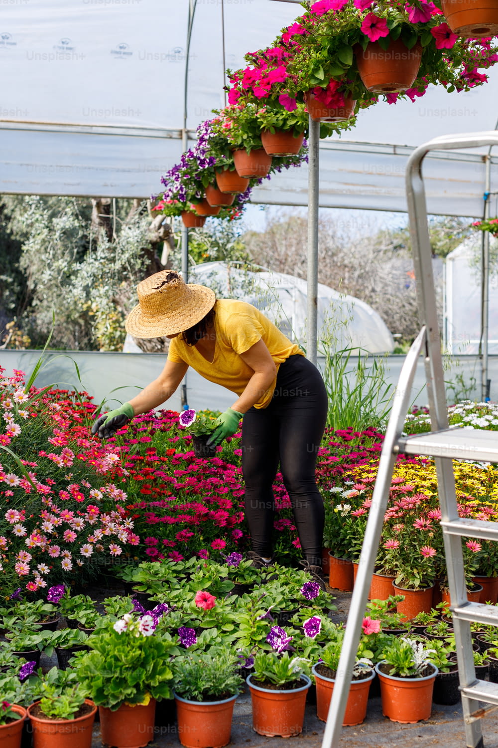 a woman in a yellow shirt and straw hat tending to flowers