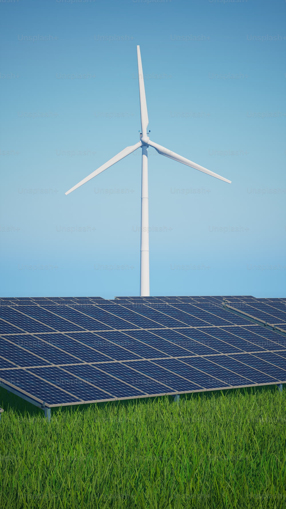 a solar panel and wind turbine on a sunny day