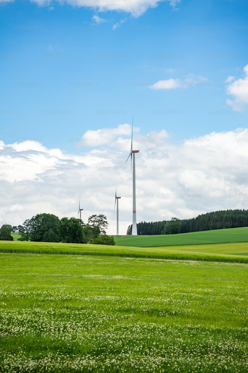 a green field with a wind turbine in the background