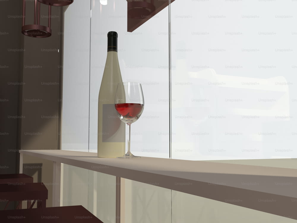 une bouteille de vin et un verre sur un comptoir
