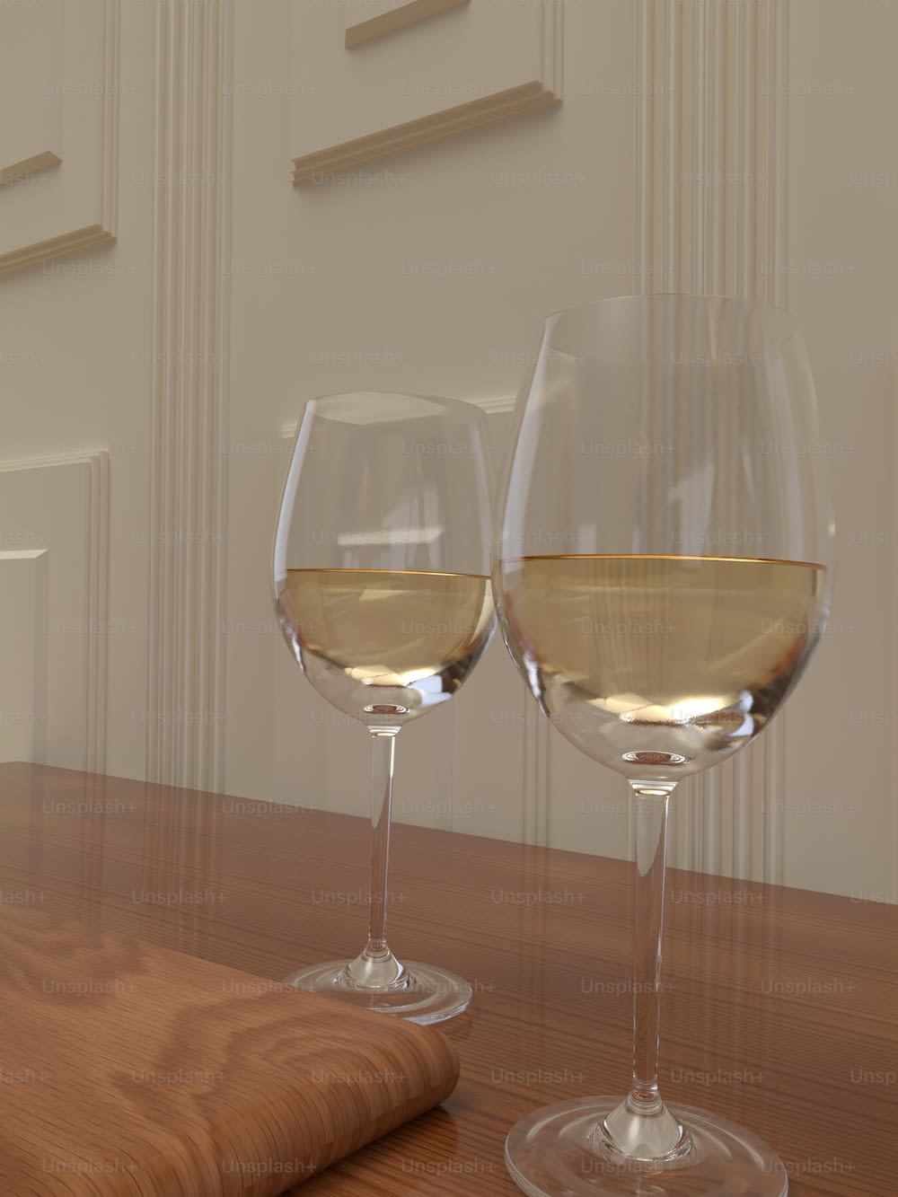 Deux verres de vin blanc sur une table en bois