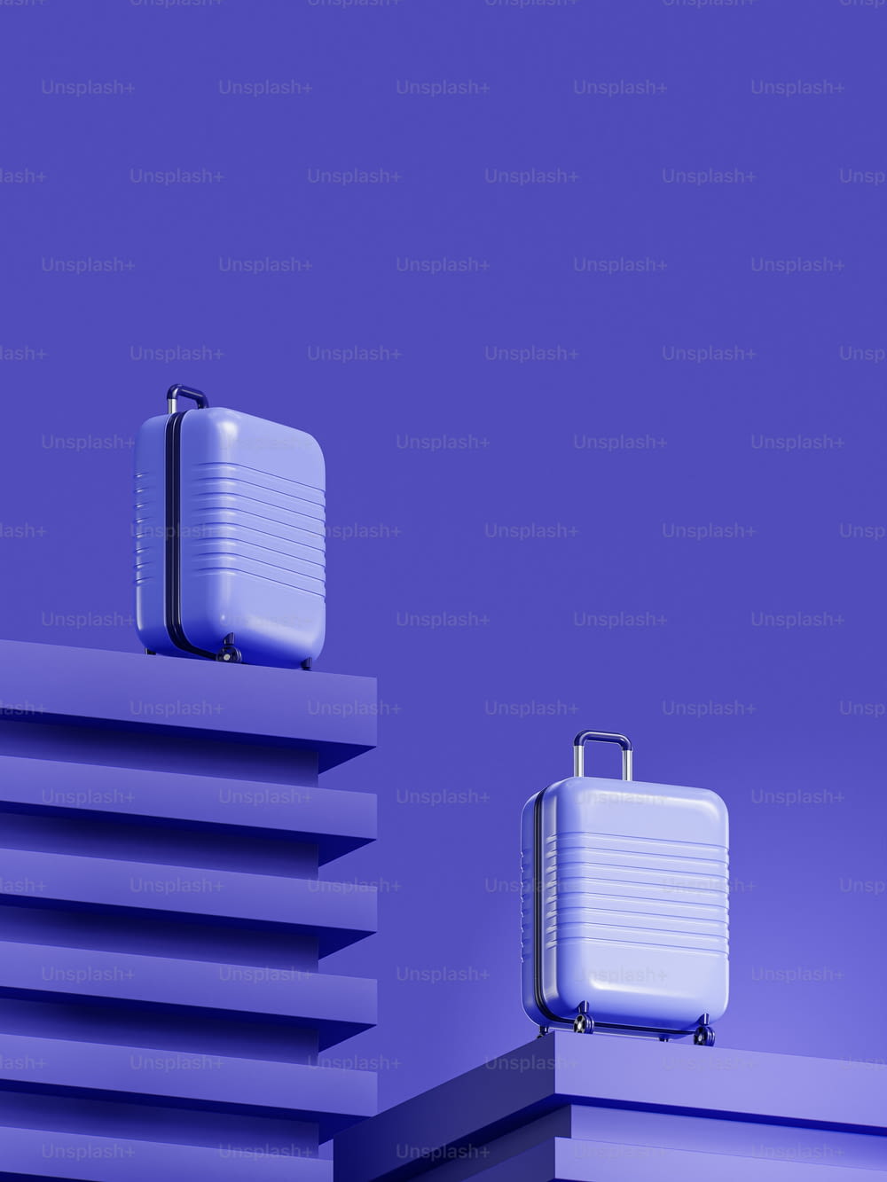 two pieces of luggage sitting on top of a building