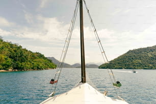 a view of the bow of a boat in the water