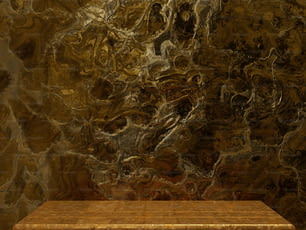 a wooden bench sitting in front of a marble wall