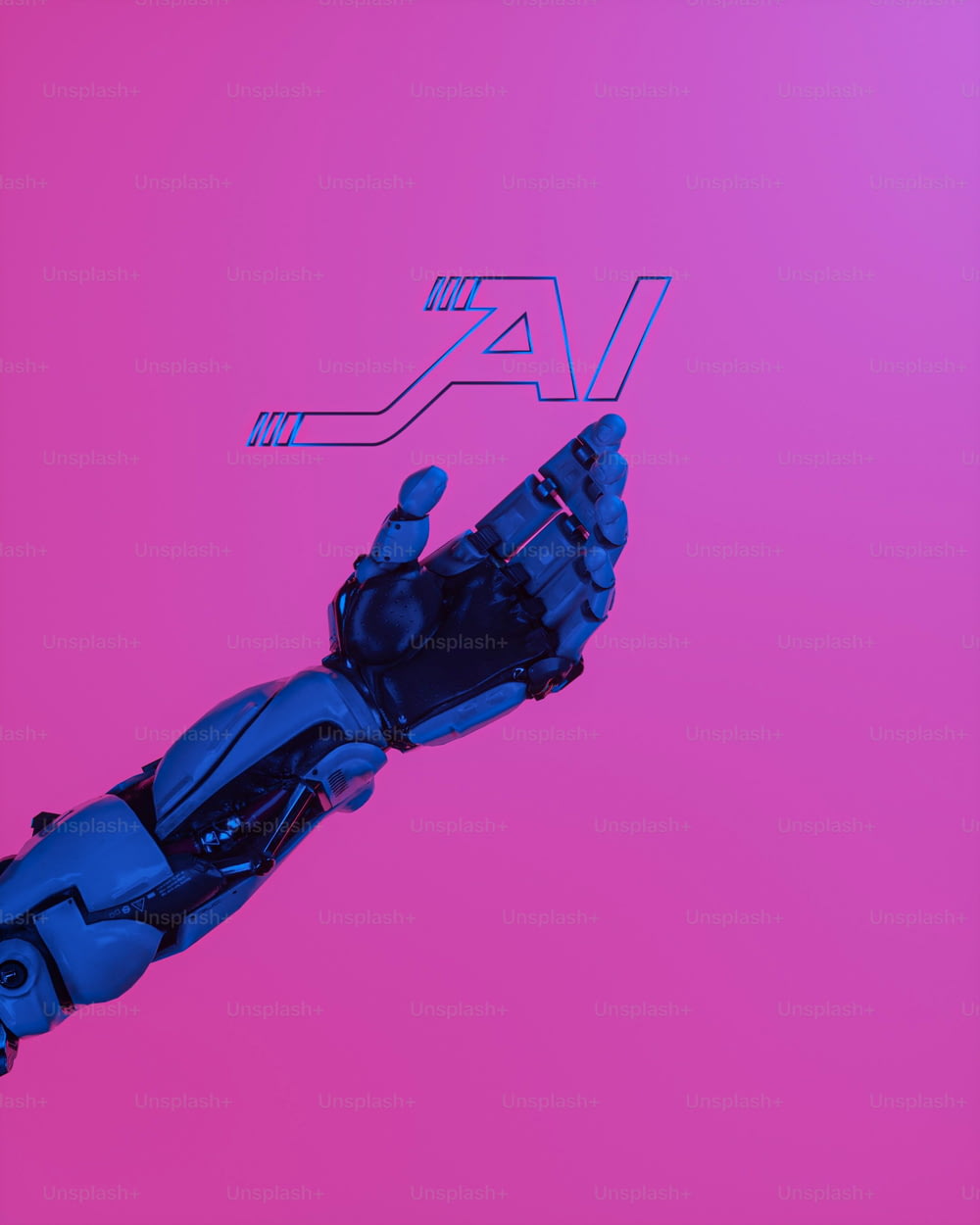 a blue robot with a pink background