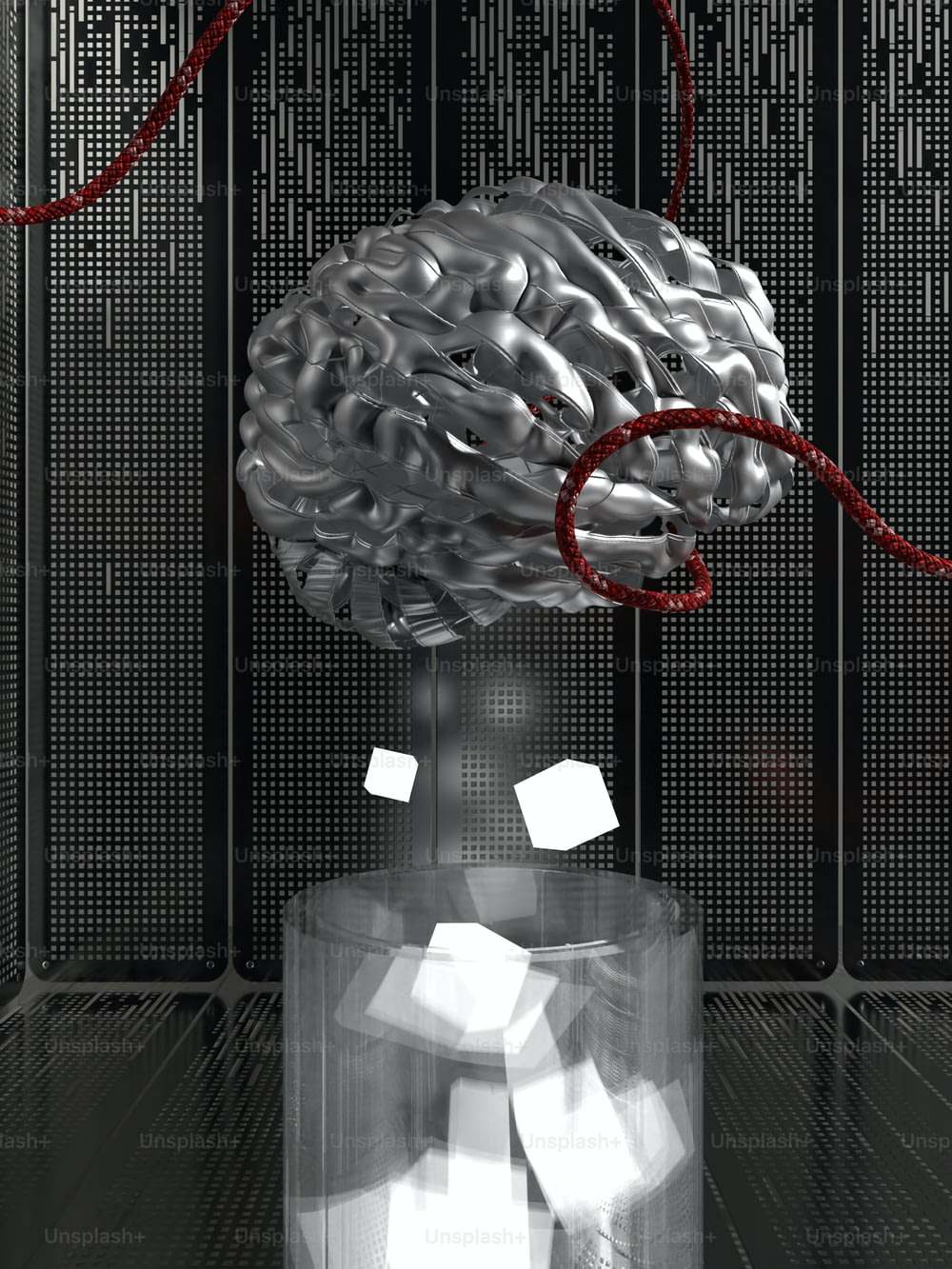 빨간 끈이 달린 유리 용기에 담긴 뇌