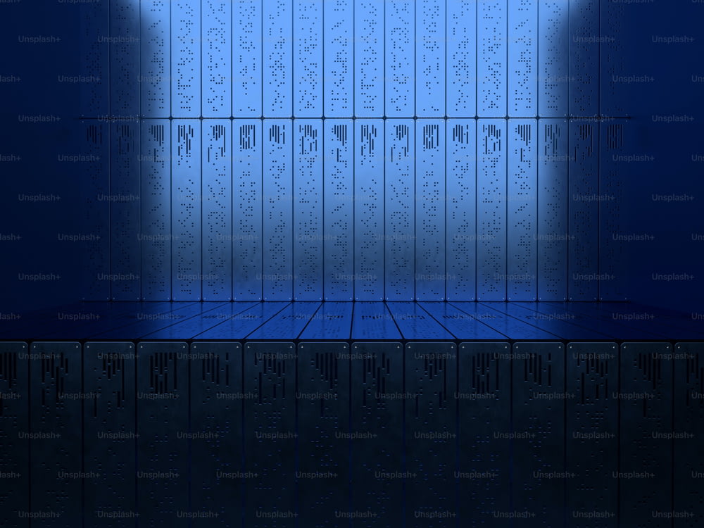 an empty room with a blue floor and a row of lockers
