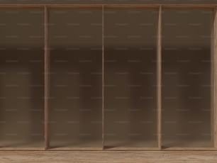 un estante de madera con una puerta corredera de vidrio