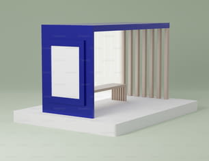 a small blue and white structure with a bench