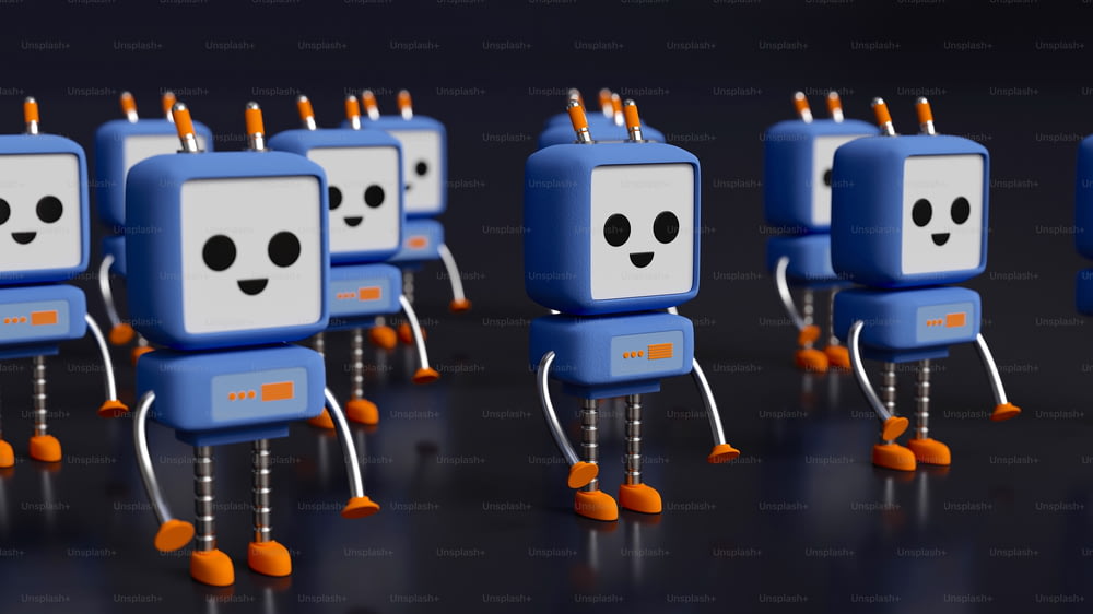 Un groupe de robots bleus et blancs aux pieds orange