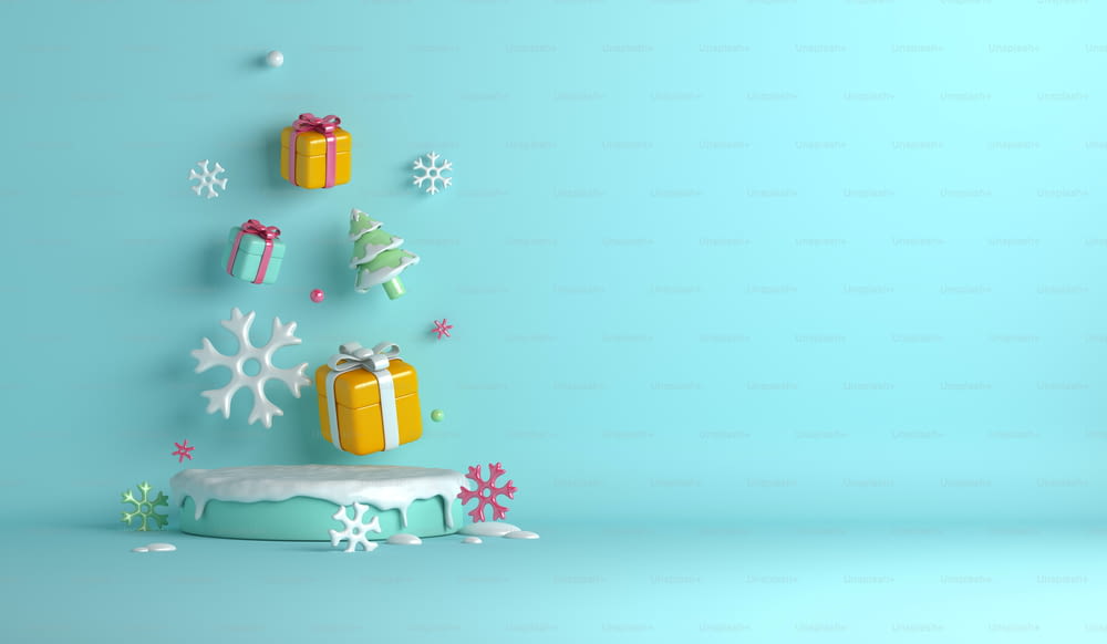 Fundo da decoração do pódio da exibição do inverno com flocos de neve, caixa de presente, texto do espaço de cópia, ilustração de renderização 3D