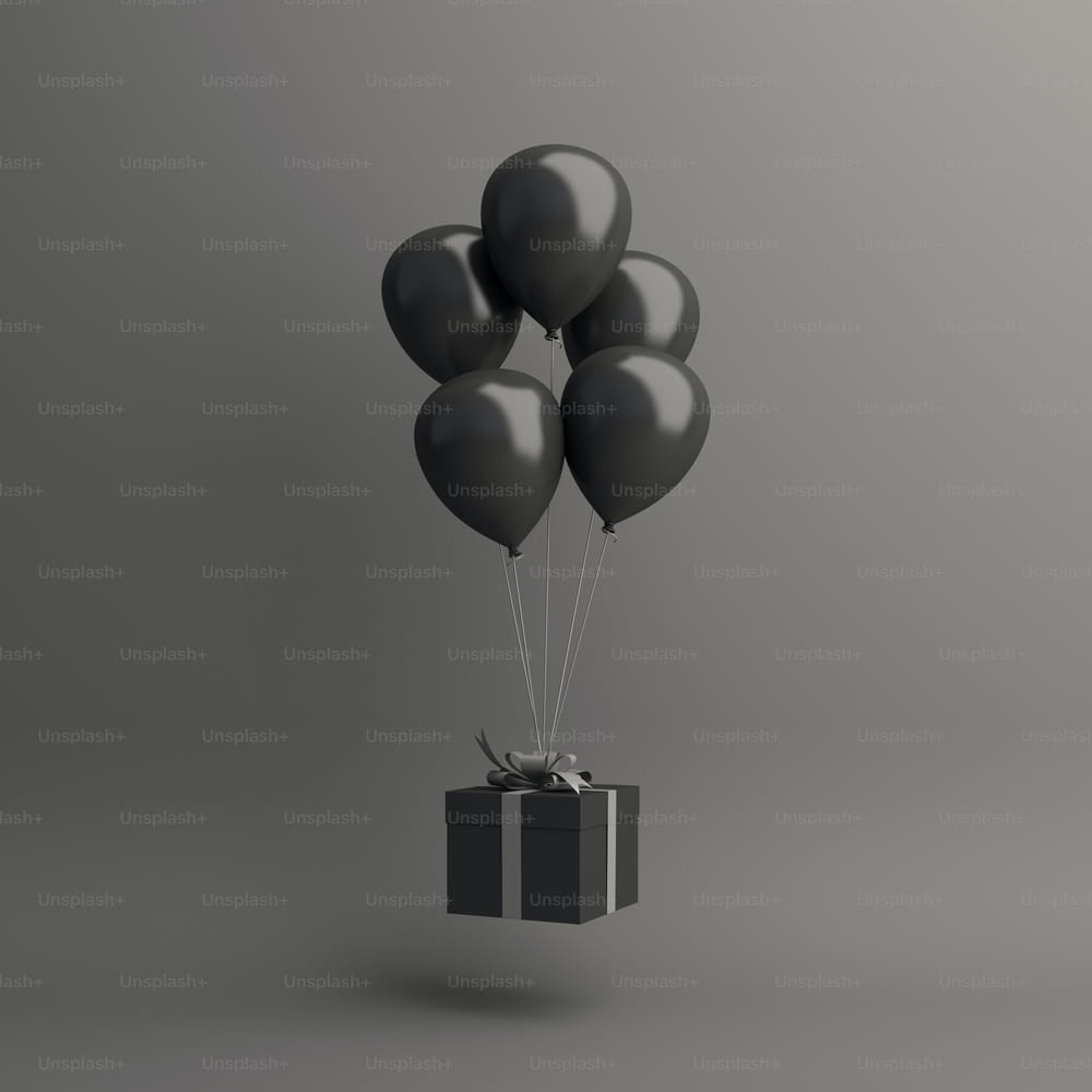 Black friday sale event design creative concept, flying balloon, gift box on dark background. 3D rendering illustration.