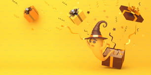 Mignon fantôme de dessin animé portant un chapeau de sorcière, des confettis et une boîte cadeau sur fond orange, zone de texte de l’espace de copie. Concevoir un concept créatif de joyeuses fêtes de célébration d’Halloween. Illustration de rendu 3D.