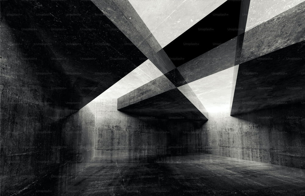 Sfondo interno astratto in cemento, pareti scure intersecate, illustrazione digitale con effetto doppia esposizione, rendering 3d