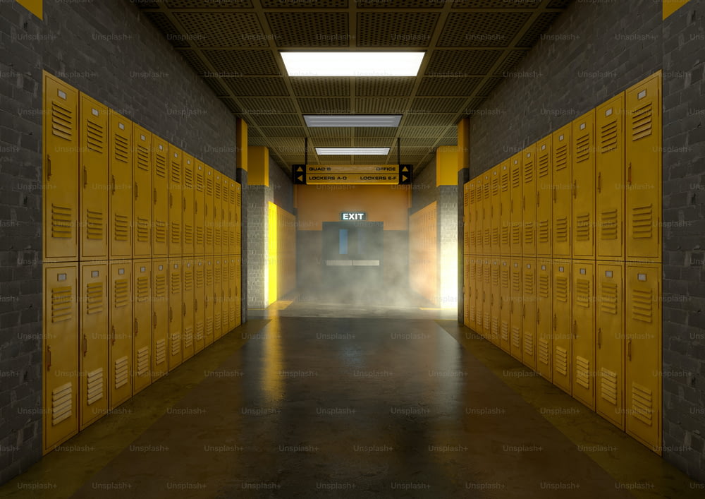 Um olhar para baixo um corredor bem iluminado escolas limpas de armários amarelos - renderização 3D