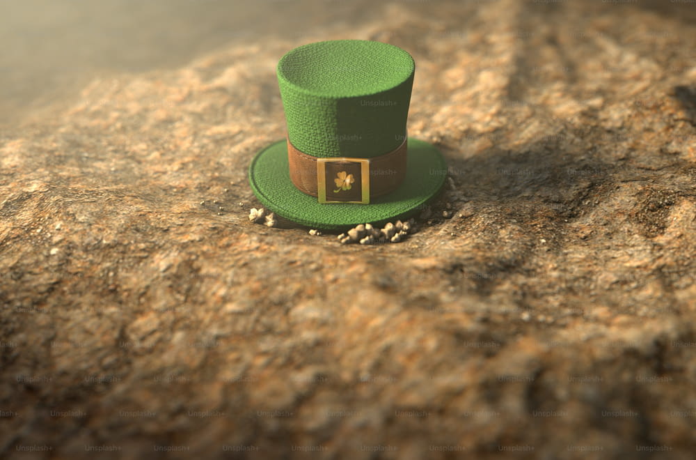 A concept image showing a tiny leprechaun hat apparently lost on the ground in the day time - 3D render