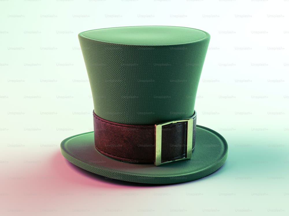 A green material leprechaun hat with a brown leather band with a gold buckle on an isolated background - 3D render