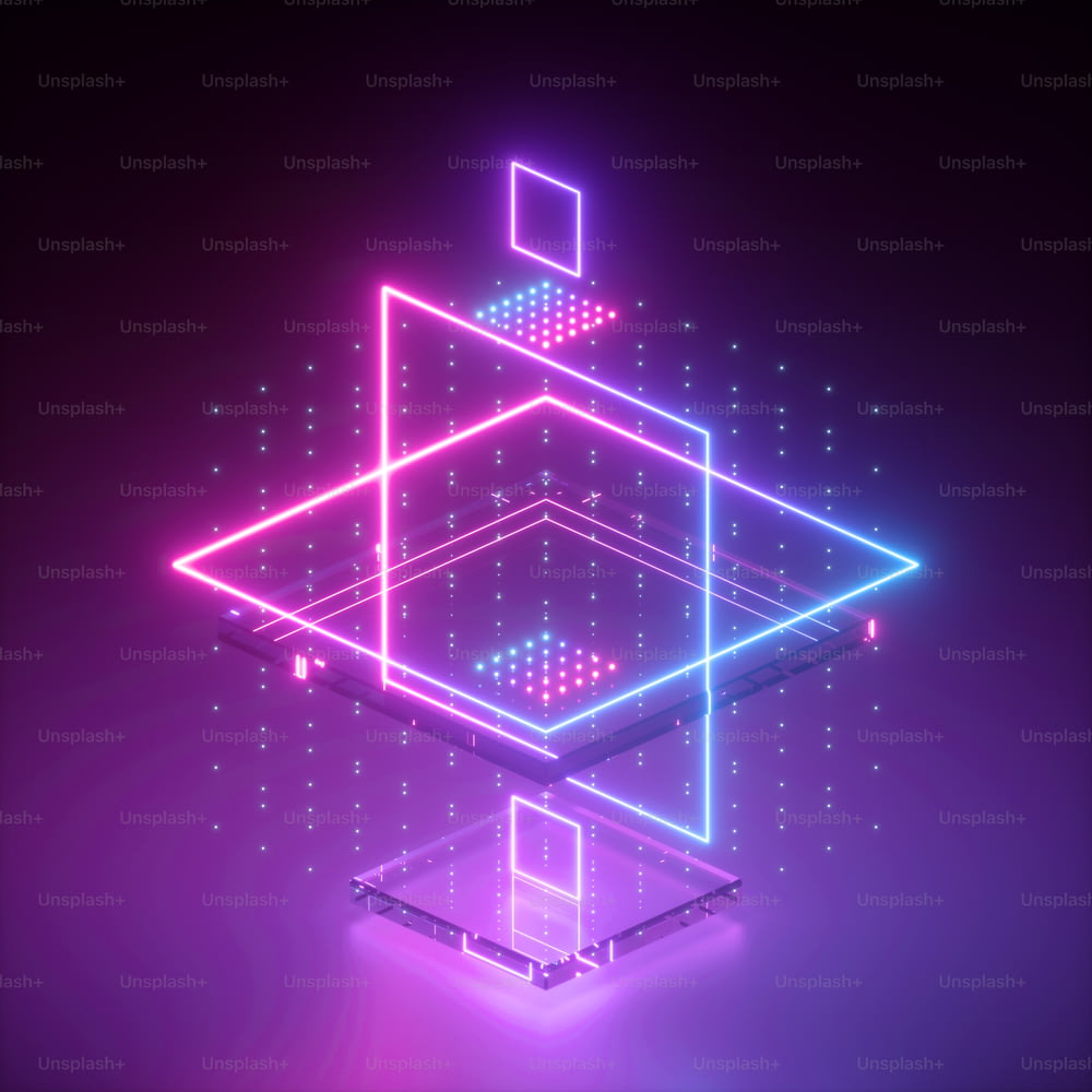 Rendering 3D, sfondo astratto al neon, forme geometriche in ultravioletto, griglia digitale, progetto virtuale, luce incandescente rosa blu, effetto glitch, sistema cibernetico, tecnologia informatica futuristica