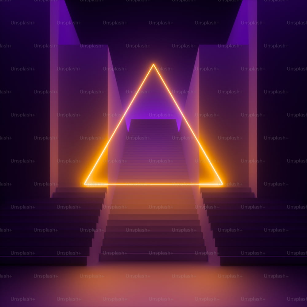 3d render, abstract modern minimal violet background, yellow neon light glowing triangle, blank triangular frame. Empty staircase perspective, architectural portal entrance. Futuristic urban concept
