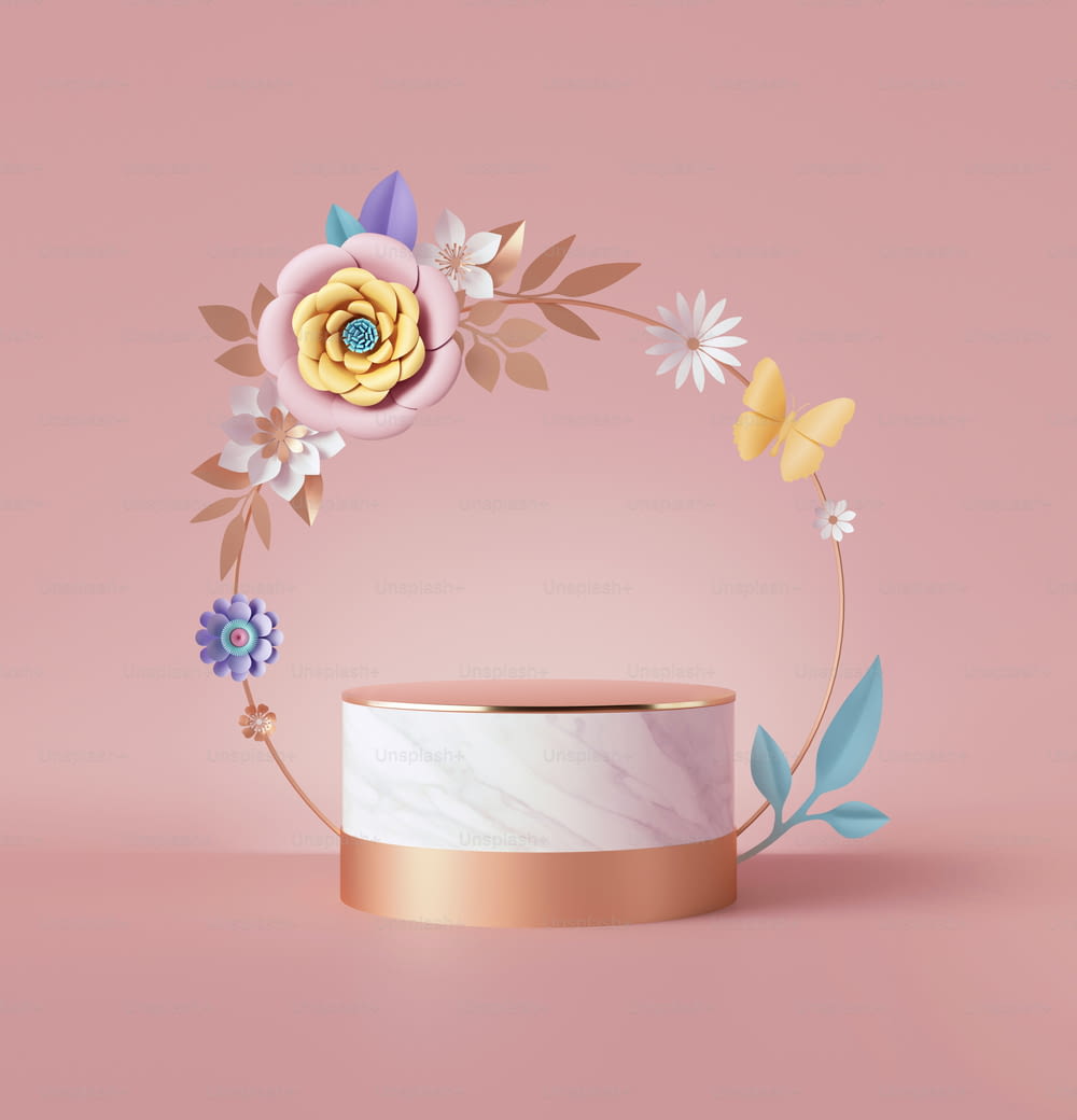 3d render, abstract pink background. Floral wreath, frame with colorful paper flowers, botanical arch. Shop product display showcase, empty podium, vacant pedestal, round stage. Blank poster mockup