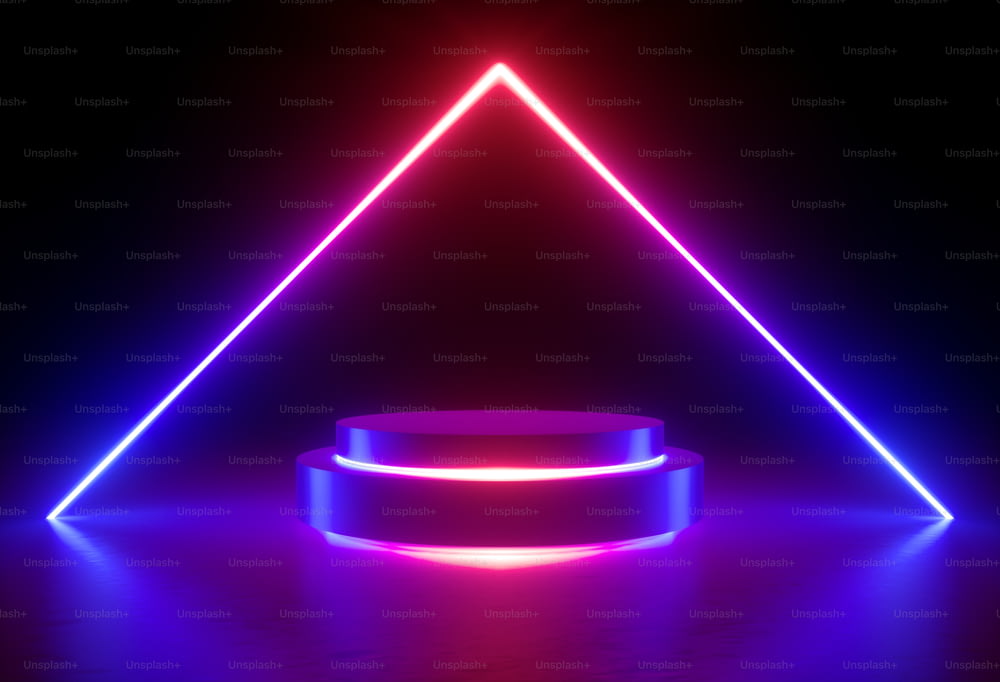 3d render, neon light, glowing lines, ultraviolet, stage, triangular portal, arch, pedestal, virtual reality, abstract background, round portal, arch, red blue spectrum, vibrant colors, laser show