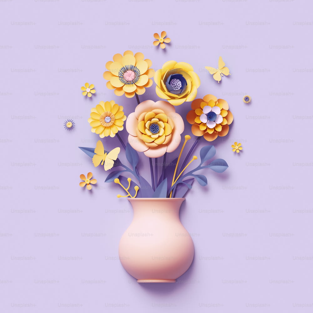 Renderizado 3D, flores de papel artesanales dentro del jarrón, ramo floral amarillo, arreglo botánico, colores dulces brillantes, imágenes prediseñadas de la naturaleza aisladas sobre fondo violeta, plantilla de tarjeta de felicitación