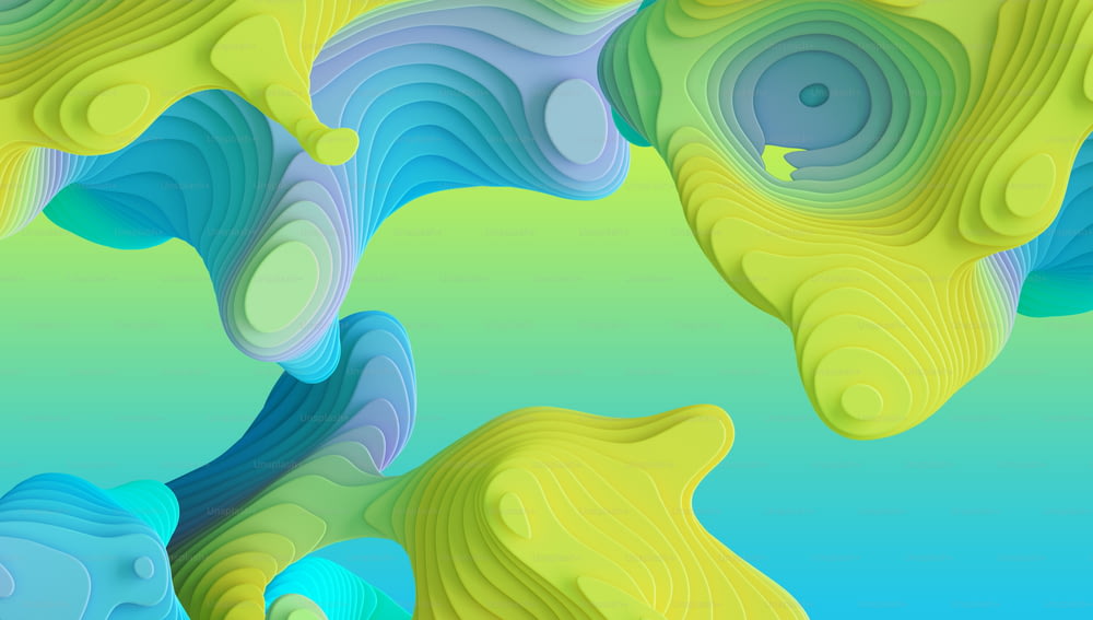 3D 렌더링, 체적 곡선 모양과 물결 모양의 추상적인 다채로운 네온 배경. 블루 민트 그린 옐로우 마블링 효과가있는 크리에이 티브 벽지