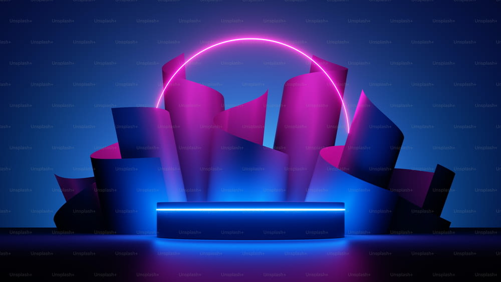 3d render, abstract fashion background with paper scrolls, round line arch glowing with pink blue neon light and empty podium. Futuristic showcase with platform for product displaying