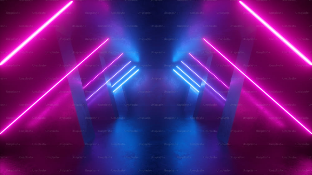 3d render, neon abstract background, empty room, tunnel, corridor, glowing lines, geometric, ultraviolet light