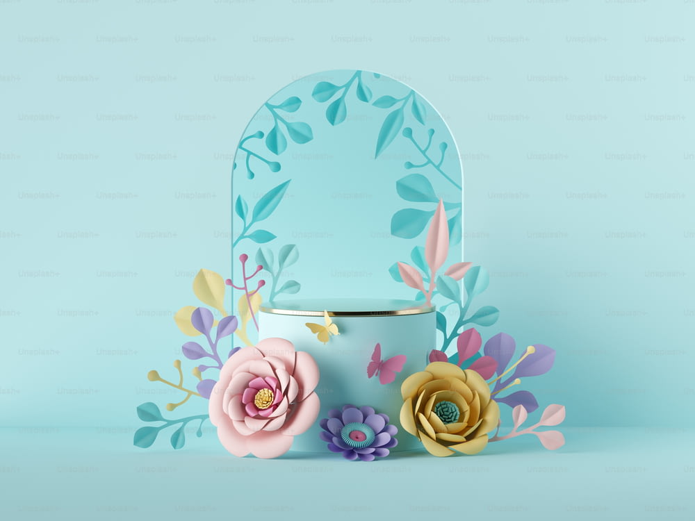 3d render abstract blue botanical background with colorful paper flowers. Blank commercial poster mockup. Festive floral arch. Shop product display showcase, empty podium, vacant pedestal, round stand