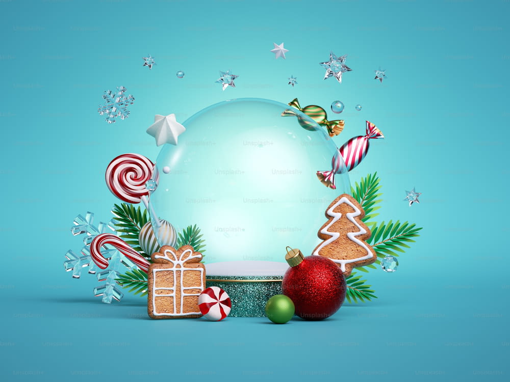 3d render, Christmas blue background with translucent glass ball, decorated with fir twigs, gingerbread cookies, balls, ornaments and candies