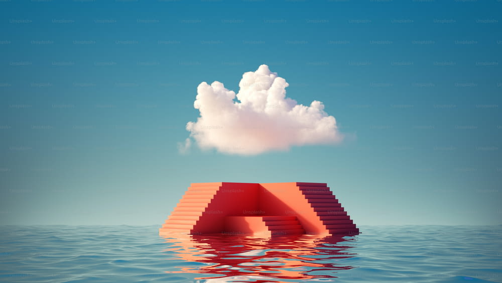 Rendering 3D, sfondo minimale astratto con gradini rossi piedistallo vuoto, nuvola bianca nel cielo blu e acqua. Semplice vetrina per la presentazione del prodotto