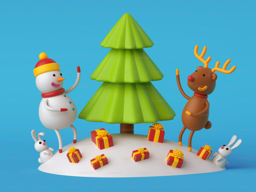 3d render, digital illustration, snowman and deer decorating fir tree, festive Christmas blue background, holiday greeting card