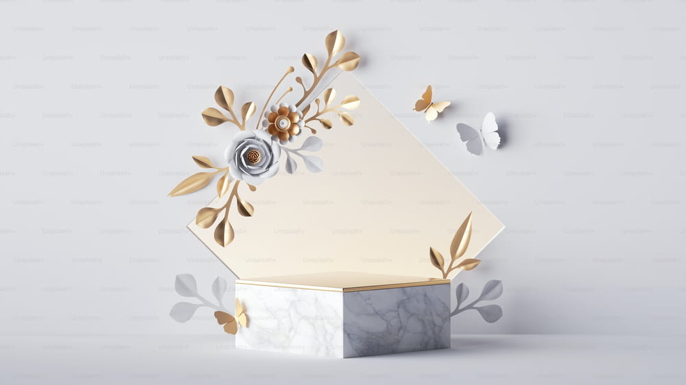 白い背景に3Dレンダリング、金と白の紙の花で飾られた正方形のフレームを持つ空のステージ。空白の表彰台とフラワーアレンジメント、商用製品ディスプレイのモックアップを備えたショーケース
