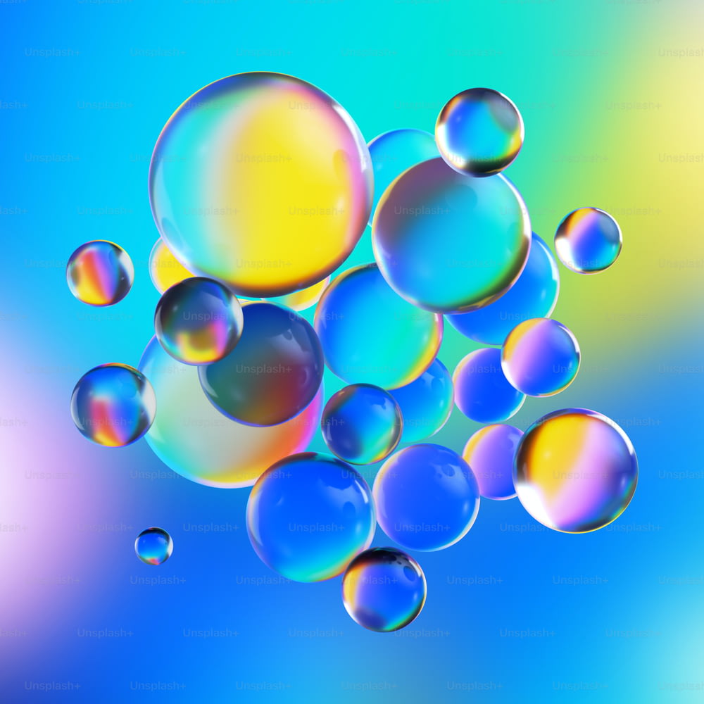 Render 3D, fondo colorido abstracto con bolas de vidrio o burbujas iridiscentes, macro científico