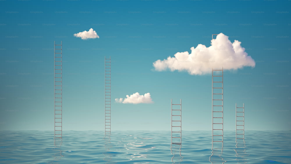 Render 3d, Paisaje marino surrealista con escaleras en medio del mar. Papel pintado panorámico con nubes blancas en el cielo azul sobre el agua. Fondo abstracto minimalista moderno