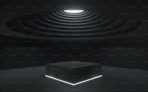 Renderizado 3D, fondo abstracto negro, maqueta de plataforma de escaparate, luz de techo blanca, cuarto oscuro vacío, soporte cuadrado, podio