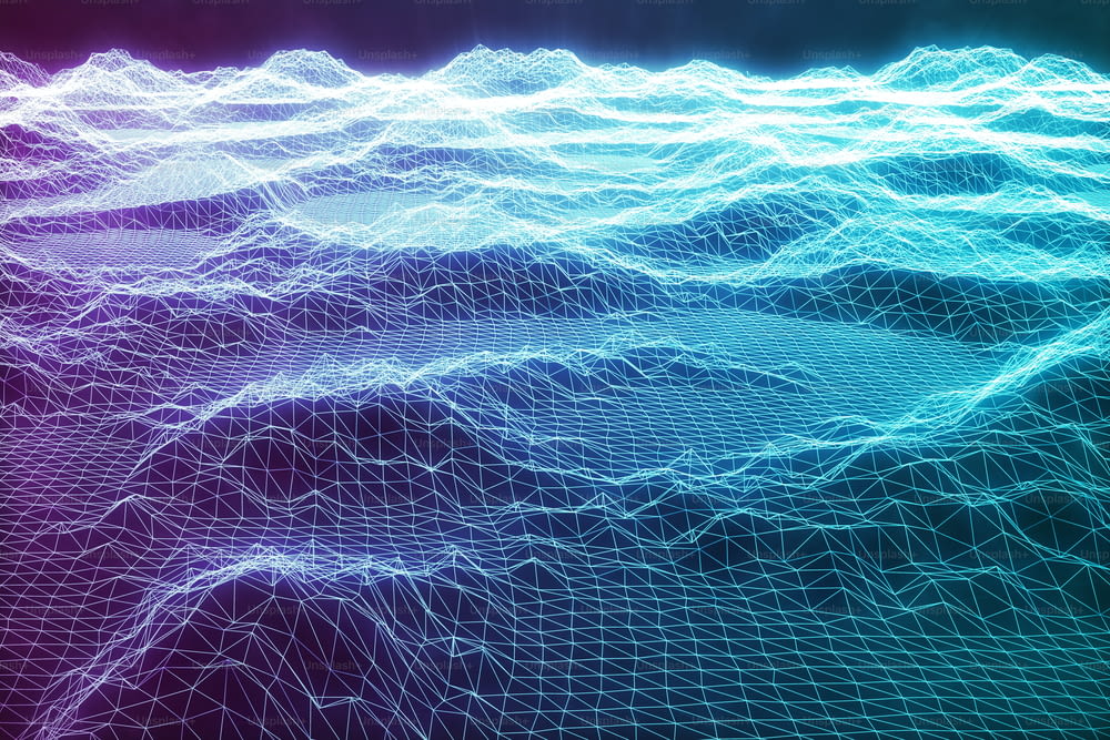 3D-Illustration abstrakte blaue Landschaft bacgkround. Cyberspace-Netz. Konzept Internetverbindungen im Cloud Computing