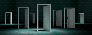Concept d’opportunités d’affaires ouvertes, portes blanches ouvertes sur fond vert patiné, bannière. Illustration 3D