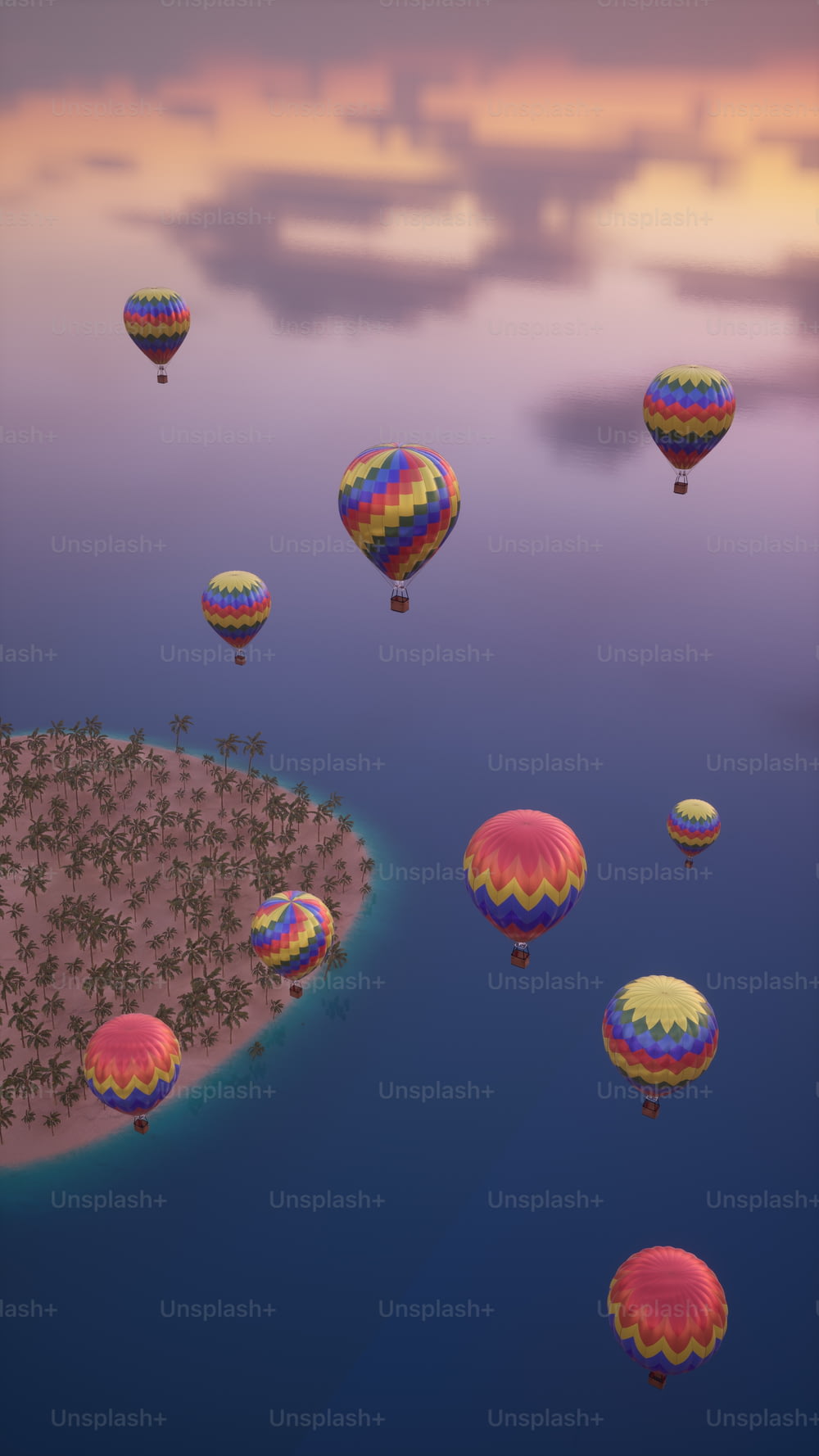 um grupo de balões de ar quente voando sobre uma pequena ilha