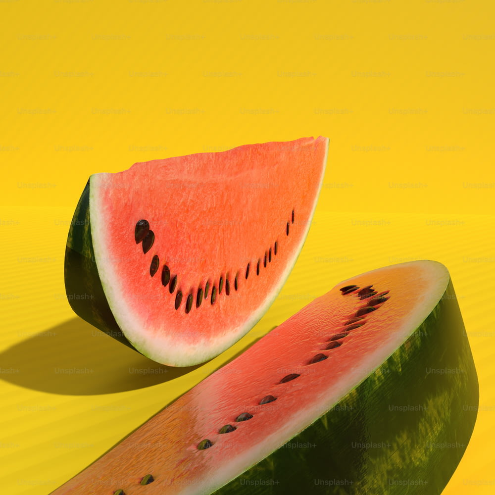 a slice of watermelon and a slice of watermelon on a yellow