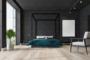 Black bedroom interior with a double bed, a white framed poster on a wall, a tree in a pot and a wooden floor. 3d rendering mock up