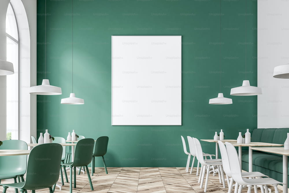 Interior de la cafetería de pared verde y blanca con ventanas arqueadas y sillas blancas y verdes. Un póster. Concepto de almuerzo de negocios. Maqueta de renderizado 3D