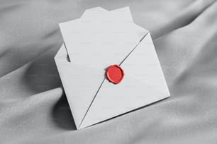 Open white envelope with blank sheet of paper and gray stamp lying on red tissue. Communication concept. 3d rendering mock up