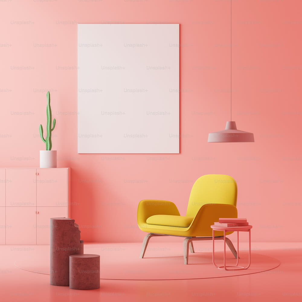Pink living room interior with yellow armchair standing near coffee table with books and vertical poster on the wall. 3d rendering mock up